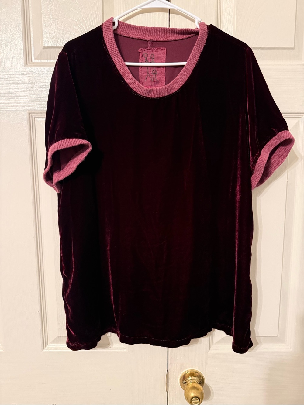 Johnny Was Velvet Short Sleeve Sleep Top - Burgundy with Pink Trim